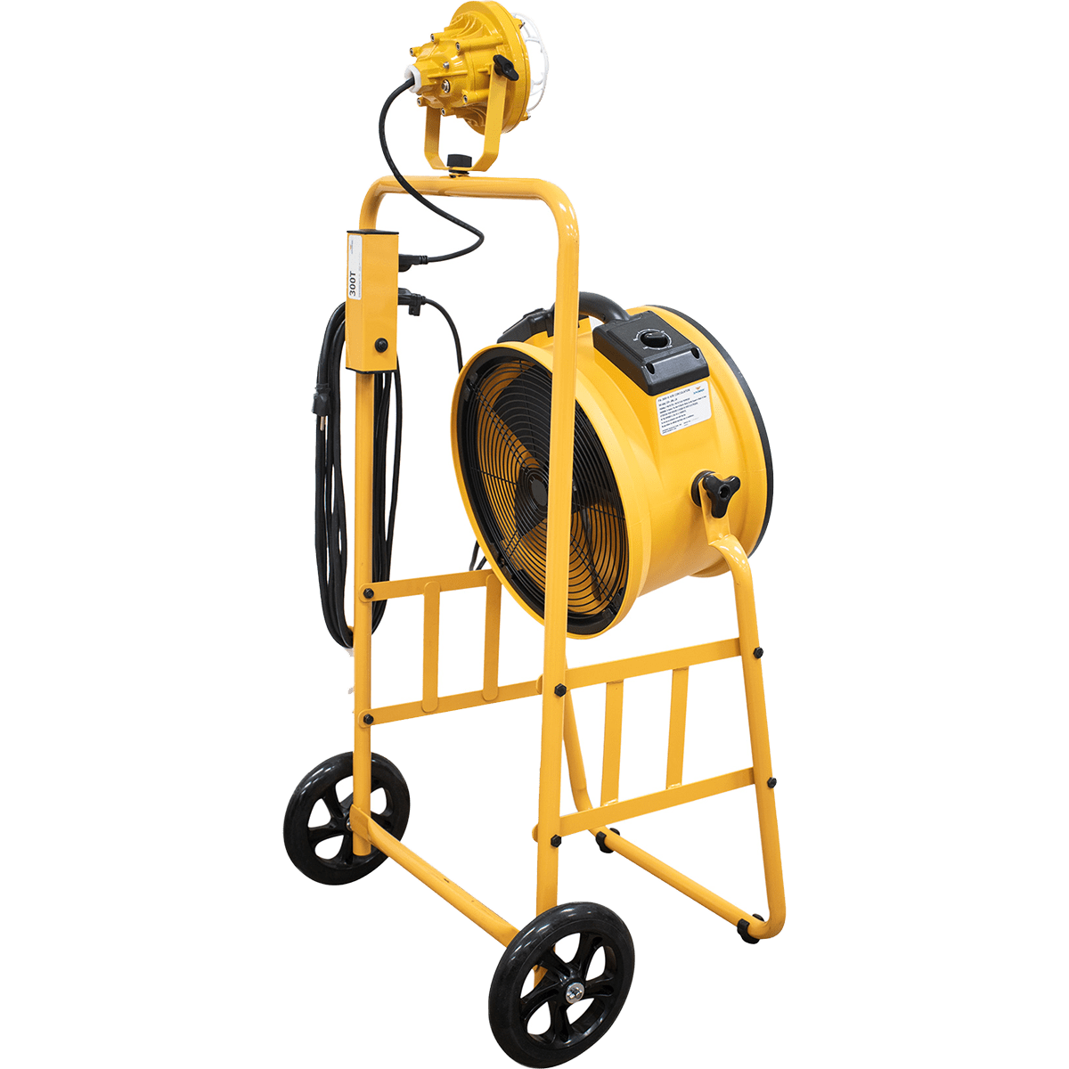 XPOWER 14-In. 2100 CFM Warehouse/Dock/Trailer Fan Kit w/ Mobile Trolley & LED Spotlight - Yellow - Left Back Angle