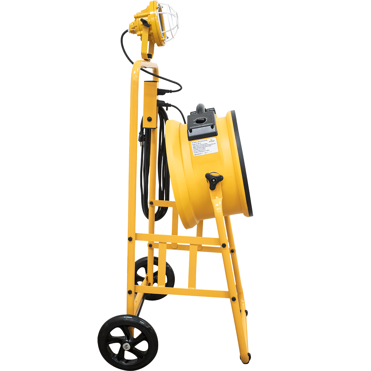 XPOWER 14-In. 2100 CFM Warehouse/Dock/Trailer Fan Kit w/ Mobile Trolley & LED Spotlight - Yellow - Left Side