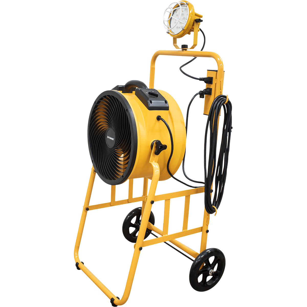 XPOWER 14-In. 2100 CFM Warehouse/Dock/Trailer Fan Kit w/ Mobile Trolley & LED Spotlight - Yellow - Right Angle