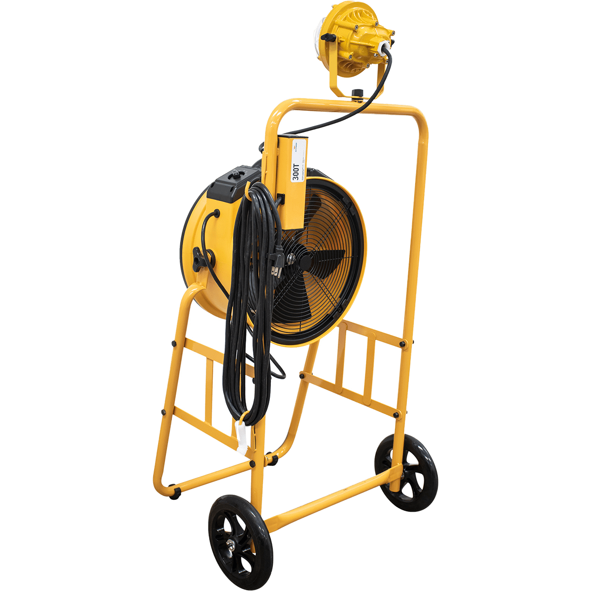 XPOWER 14-In. 2100 CFM Warehouse/Dock/Trailer Fan Kit w/ Mobile Trolley & LED Spotlight - Yellow - Right Back Angle