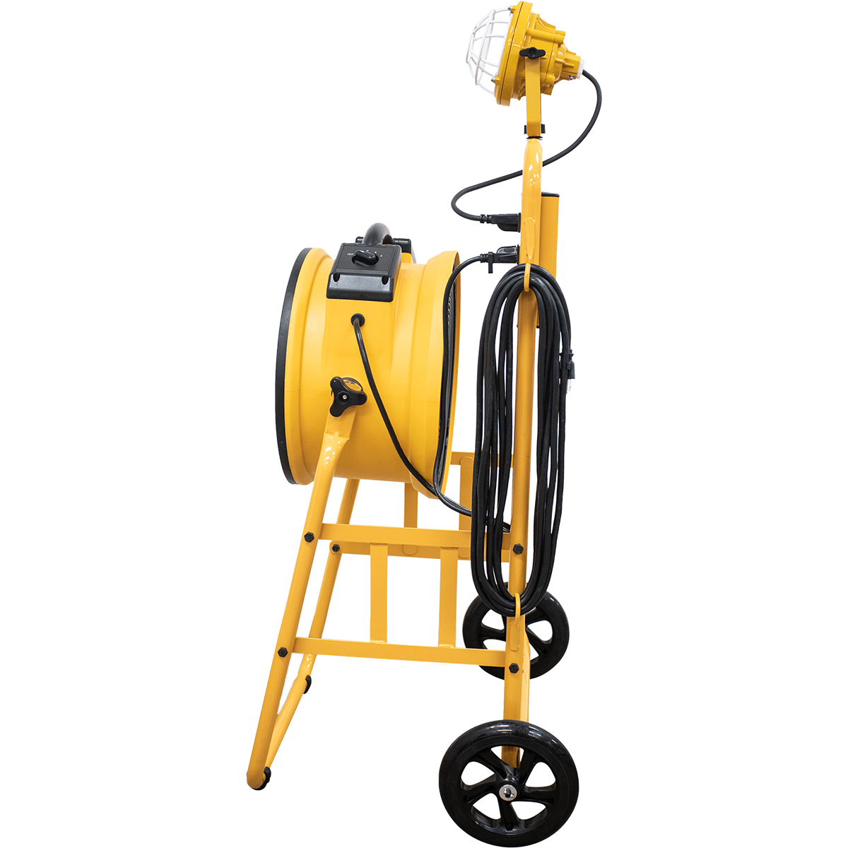 XPOWER 14-In. 2100 CFM Warehouse/Dock/Trailer Fan Kit w/ Mobile Trolley & LED Spotlight - Yellow - Right Side