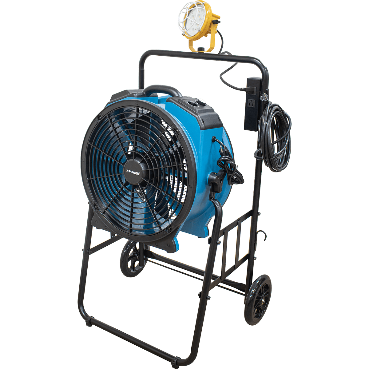 XPOWER 18-In. 3600 CFM Warehouse/Dock/Trailer Fan Kit w/ Mobile Trolley & LED Spotlight - Blue - Right Angle