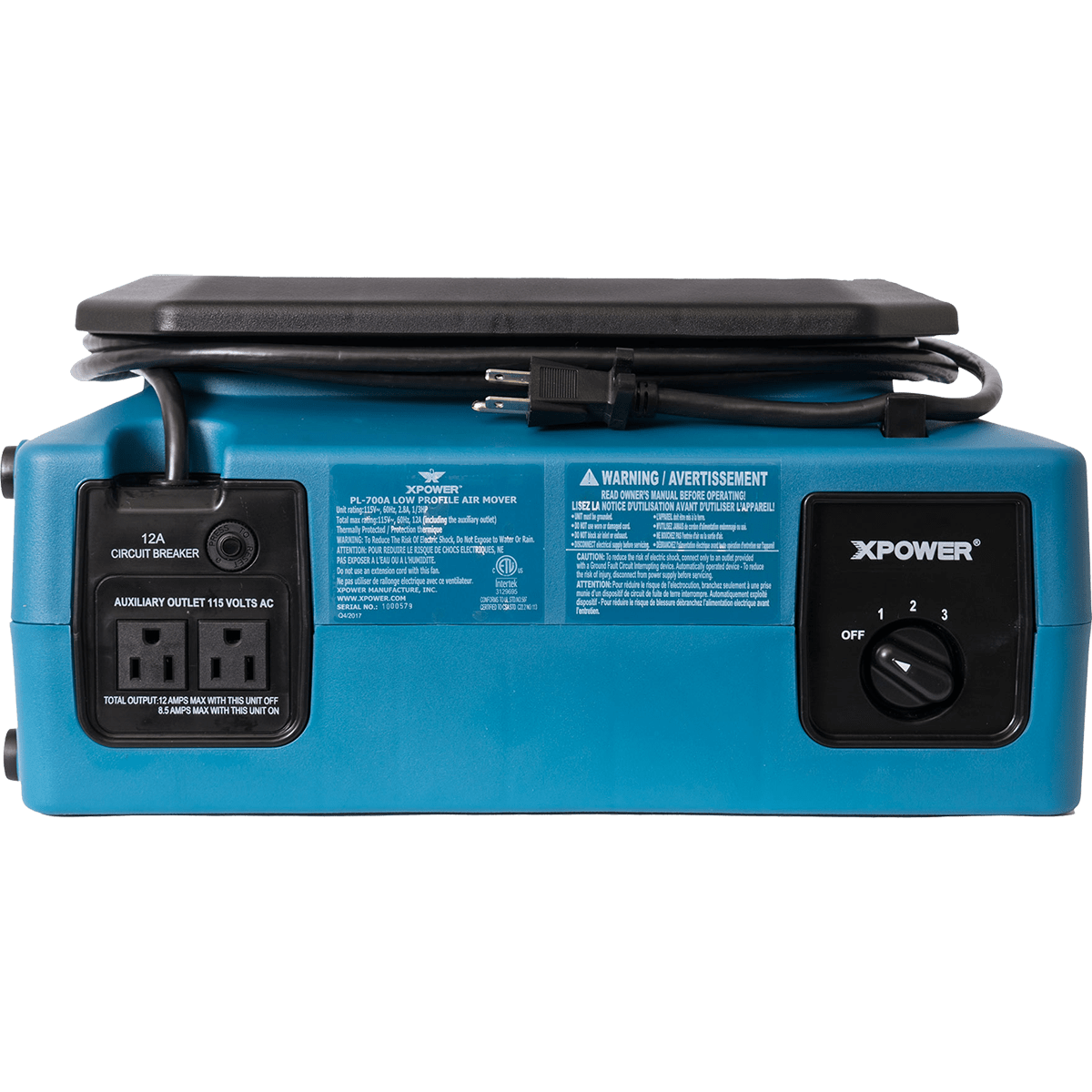 XPOWER 1/3 HP 1050 CFM 3-Speed Low Profile Air Mover - Back View