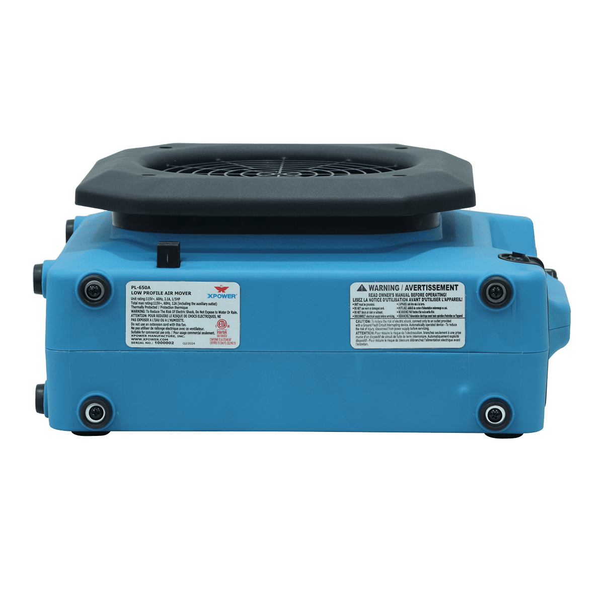 XPOWER PL-650A 650 CFM 1/3 HP Low Profile Air Mover - Back