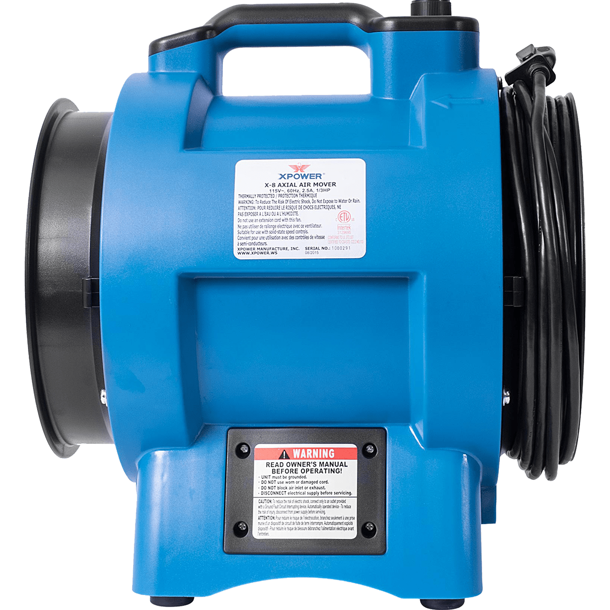XPOWER X-8 Confined Space 8-In. Industrial Fan - Left Side View