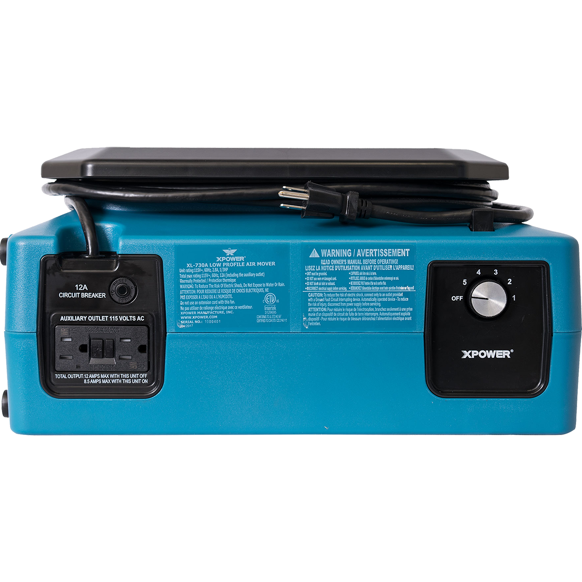 XPOWER XL-730A Professional Low Profile Air Mover - Back View